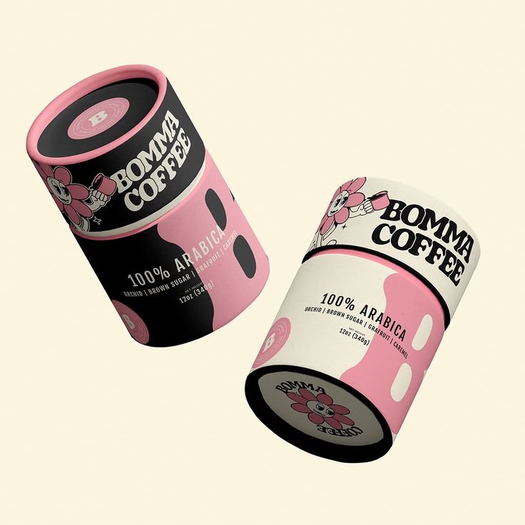 Pink and black Bomma Coffee packaging mockup